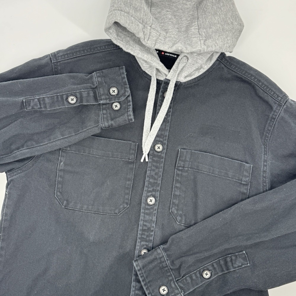 Airwalk Hooded Button Up Shirt Jacket Black Gray Hood Men Small Skate Grunge Y2K